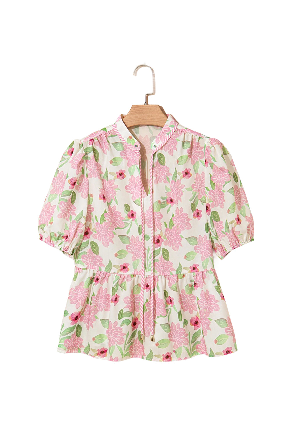 Pink Floral Print Drawstring V Neck Peplum Blouse for Women