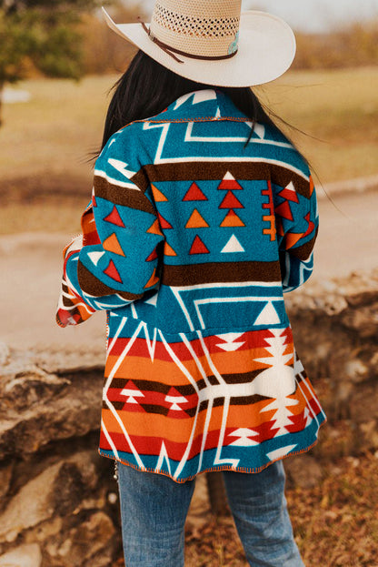 Aztec-inspired sky blue bell sleeve jacket with lapel collar