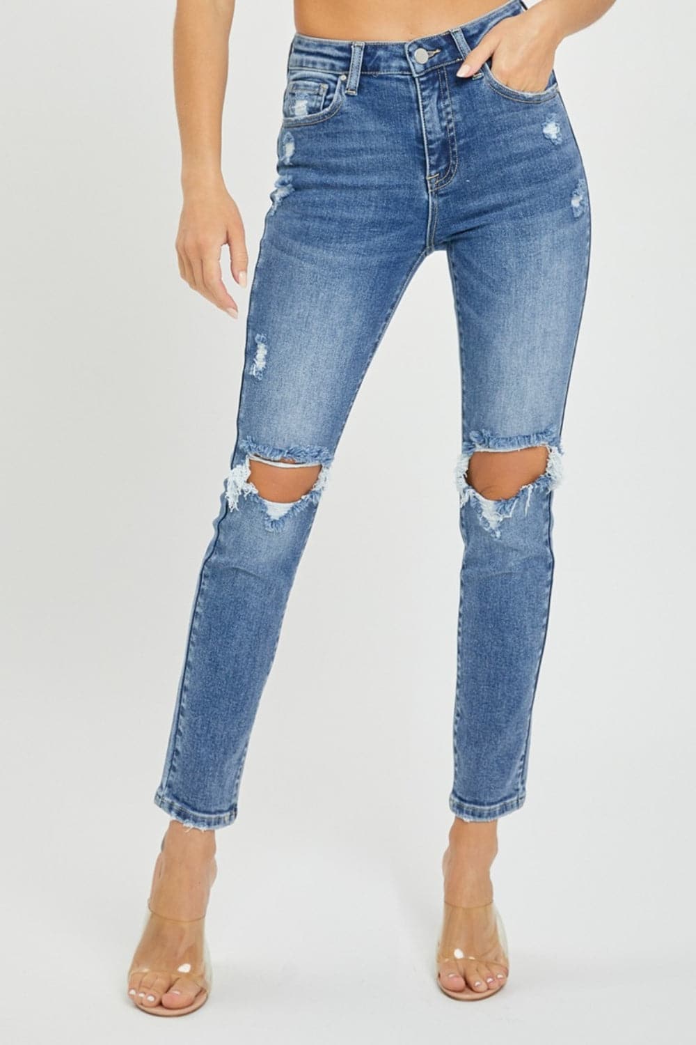 Risen Full Size High Rise Knee Distressed Skinny Jeans.