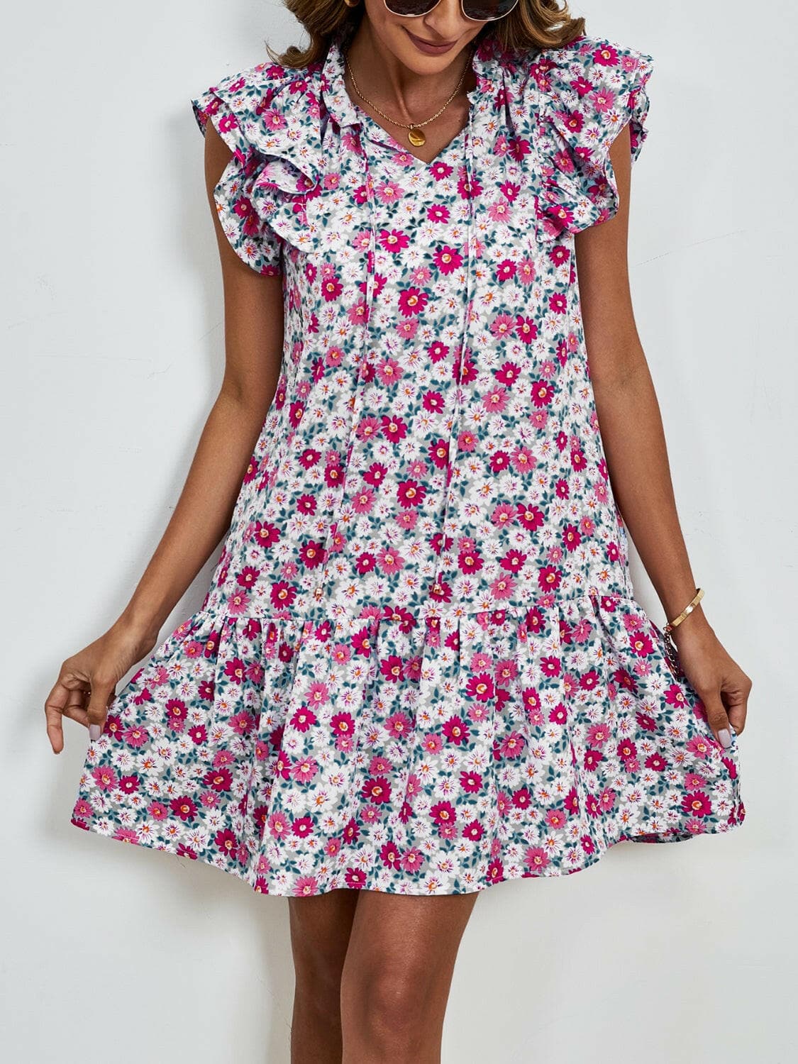 Tied Floral Cap Sleeve Mini Dress.