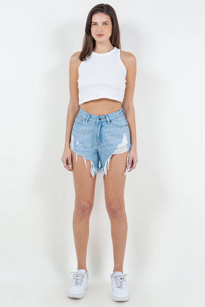 American Bazi High Waist Fringed Hem Denim Shorts.