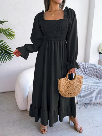 Smocked Square Neck Flounce Sleeve Dress.