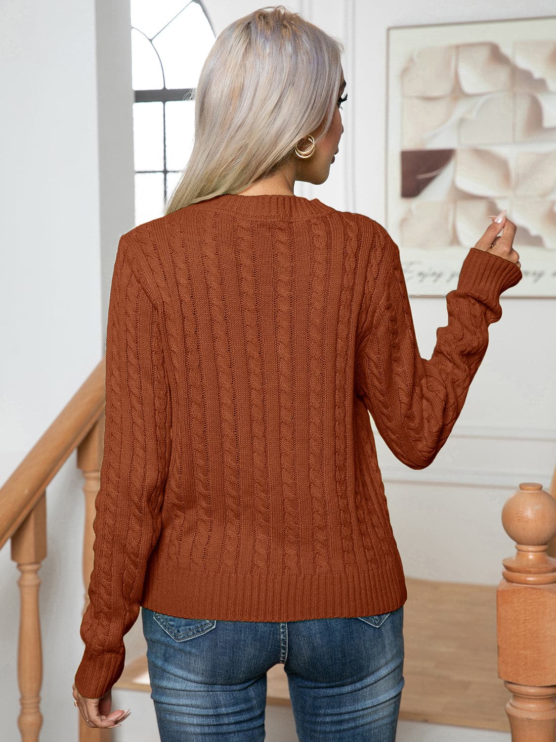 Cable-Knit Round Neck Long Sleeve Sweater.