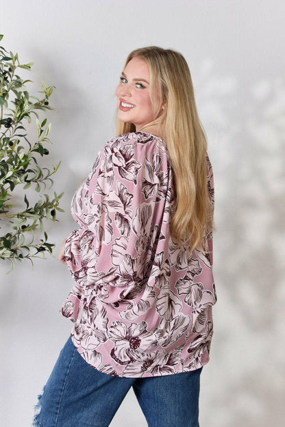 Heimish Full Size Floral V-Neck Balloon Sleeve Blouse.