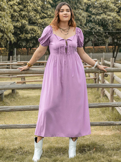 Plus Size Tie Neck Short Sleeve Dress.