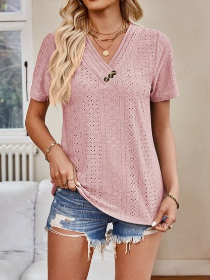 Eyelet V-Neck Short Sleeve Top.