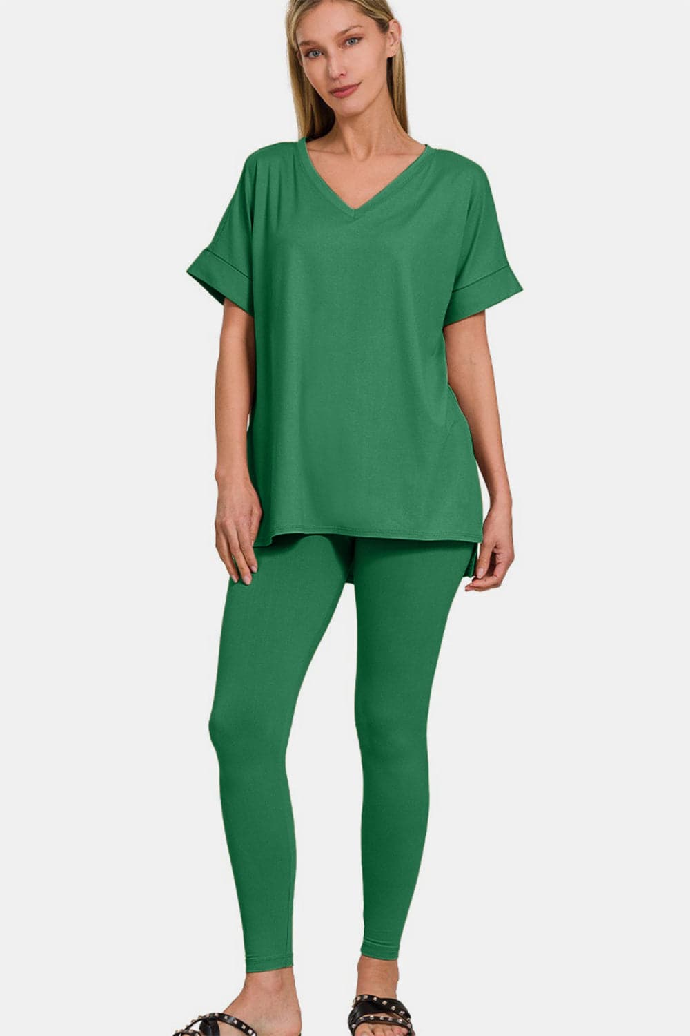 Zenana Full Size V-Neck Rolled Short Sleeve T-Shirt and Leggings Lounge Set.