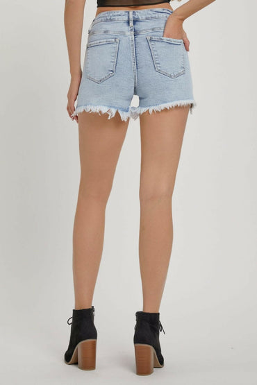 RISEN Full Size High Rise Rhinestone Strap Embellished Denim Shorts.