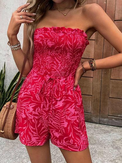 Smocked Printed Tube Romper with Pockets.