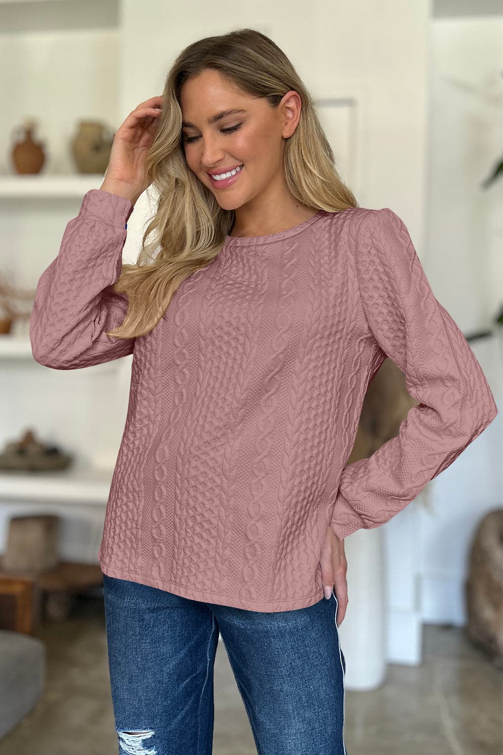 Textured Round Neck Long Sleeve Sweatshirt.