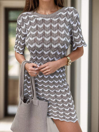 Chevron Round Neck Short Sleeve Knit Dress.