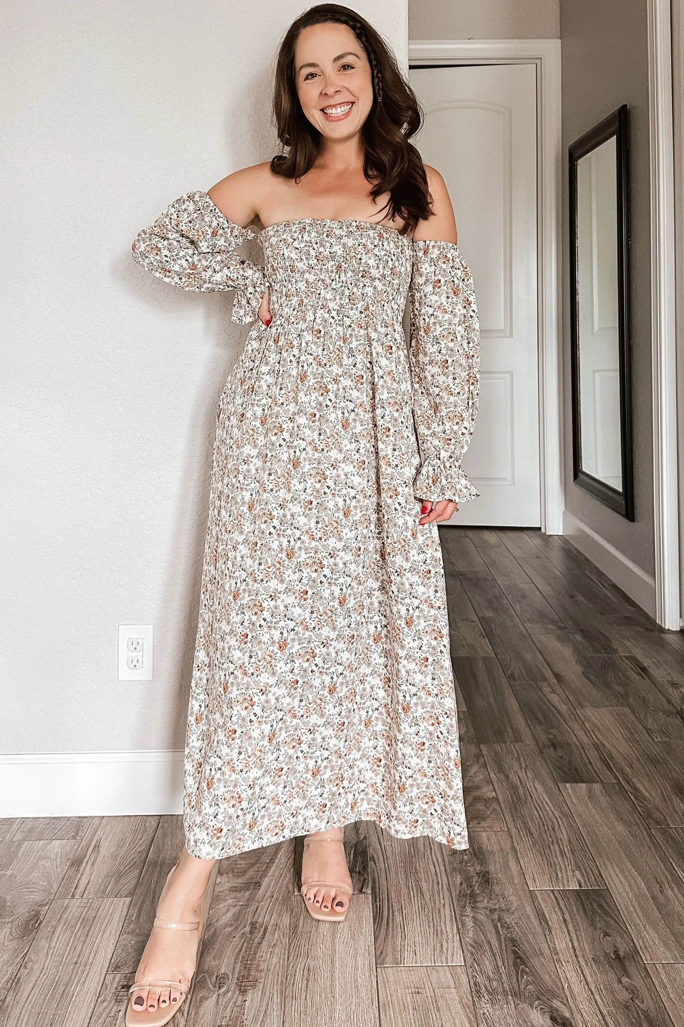 Taupe Floral Off Shoulder Long Sleeve Maxi Dress With Pockets PinkBlush