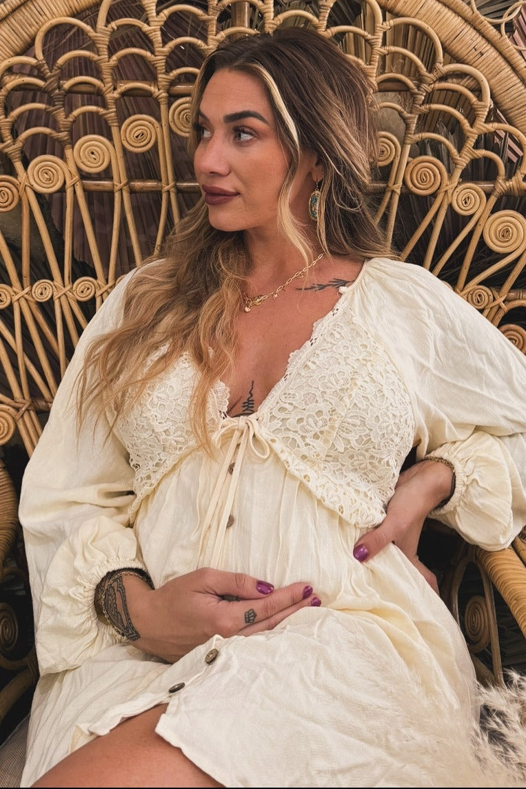 Beige Crochet Lace Button Front Maternity Dress PinkBlush