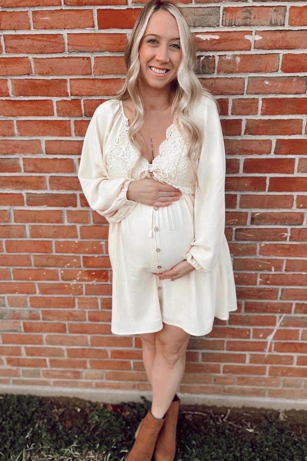 Beige Crochet Lace Button Front Maternity Dress PinkBlush
