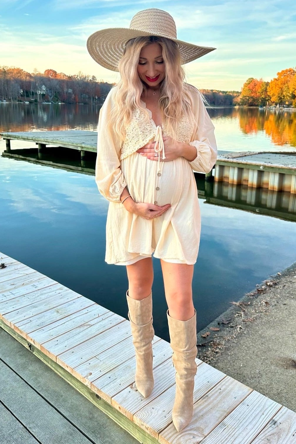 Beige Crochet Lace Button Front Maternity Dress PinkBlush