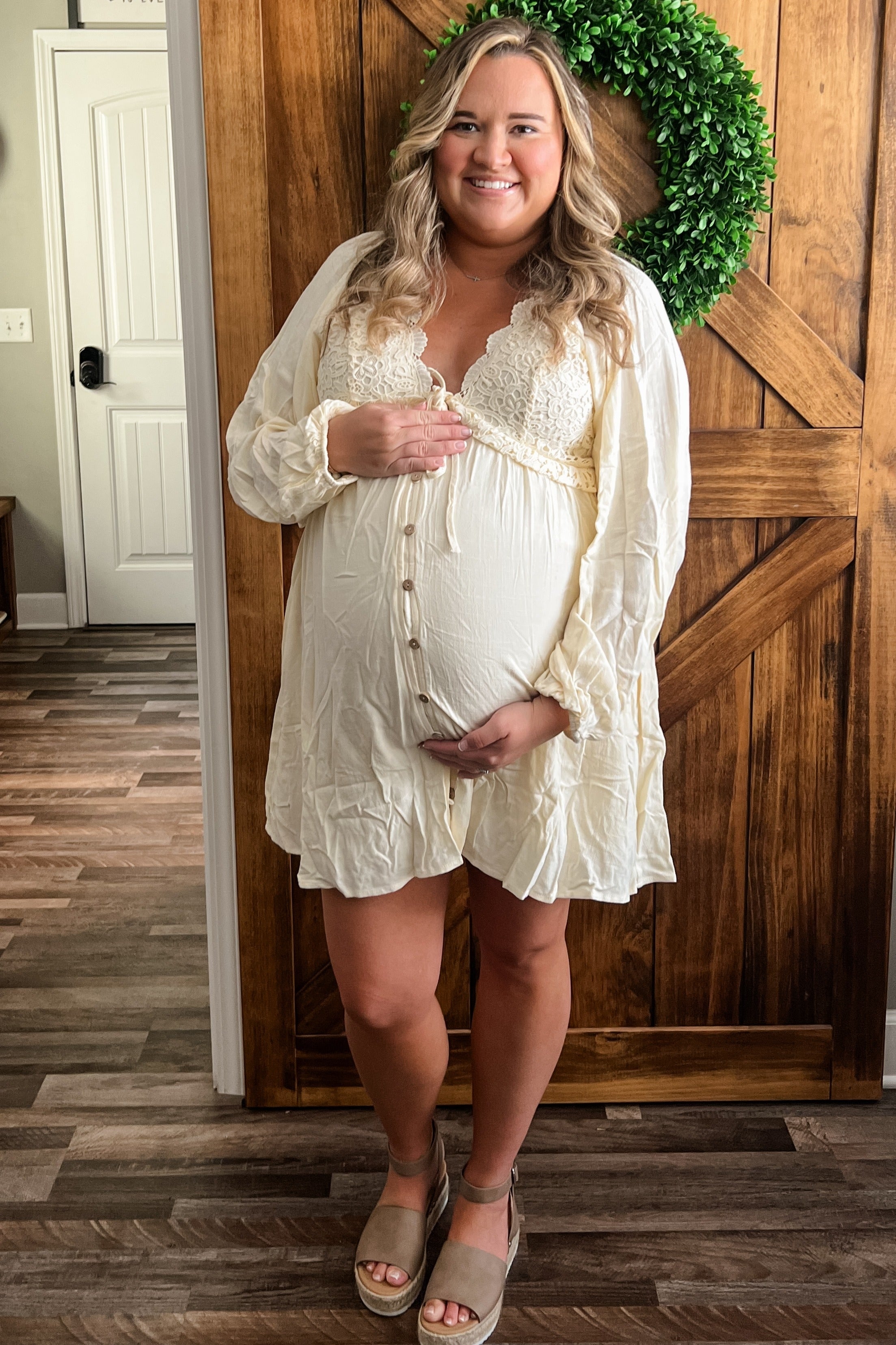 Beige Crochet Lace Button Front Maternity Dress PinkBlush
