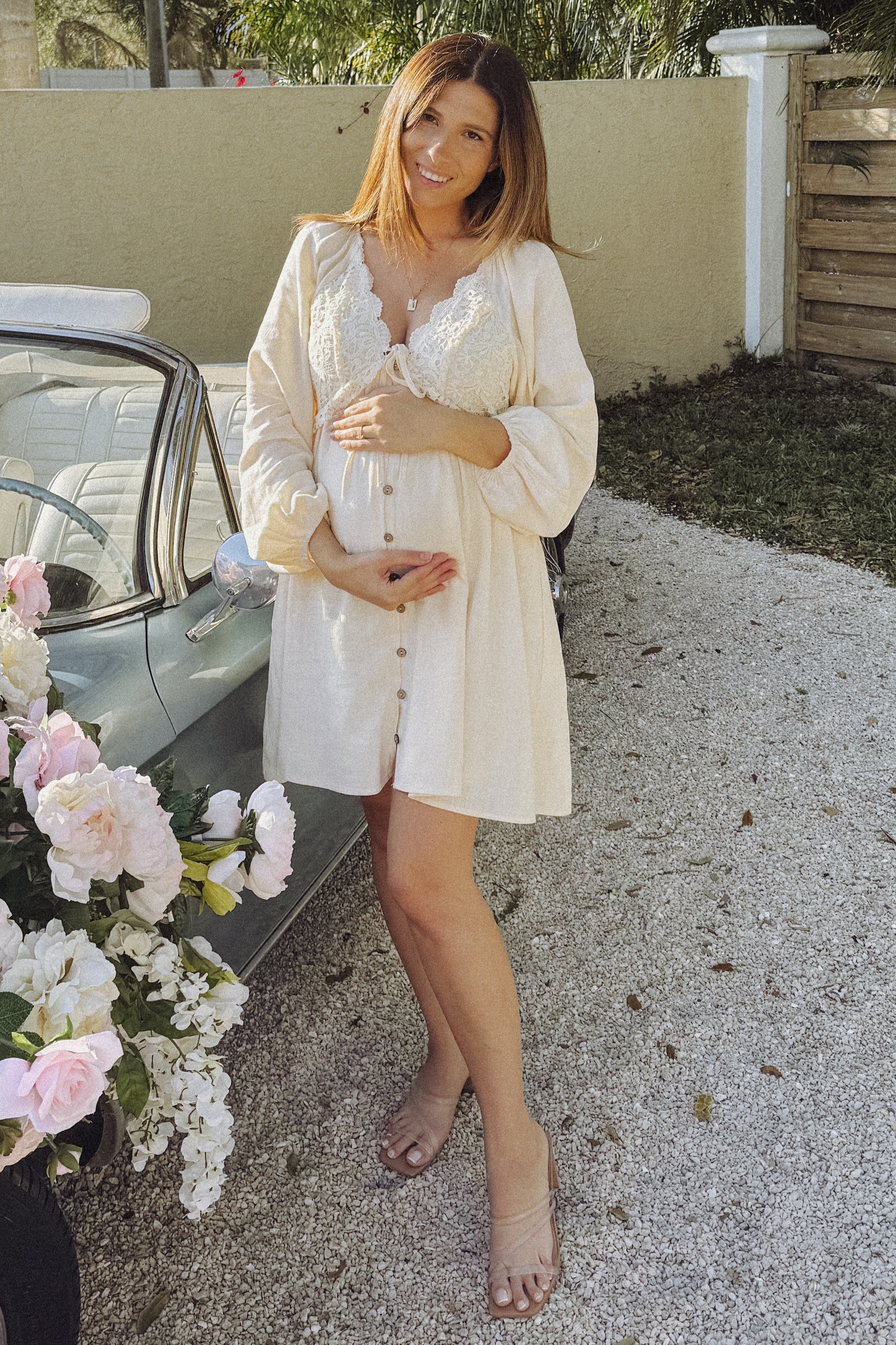 Beige Crochet Lace Button Front Maternity Dress PinkBlush