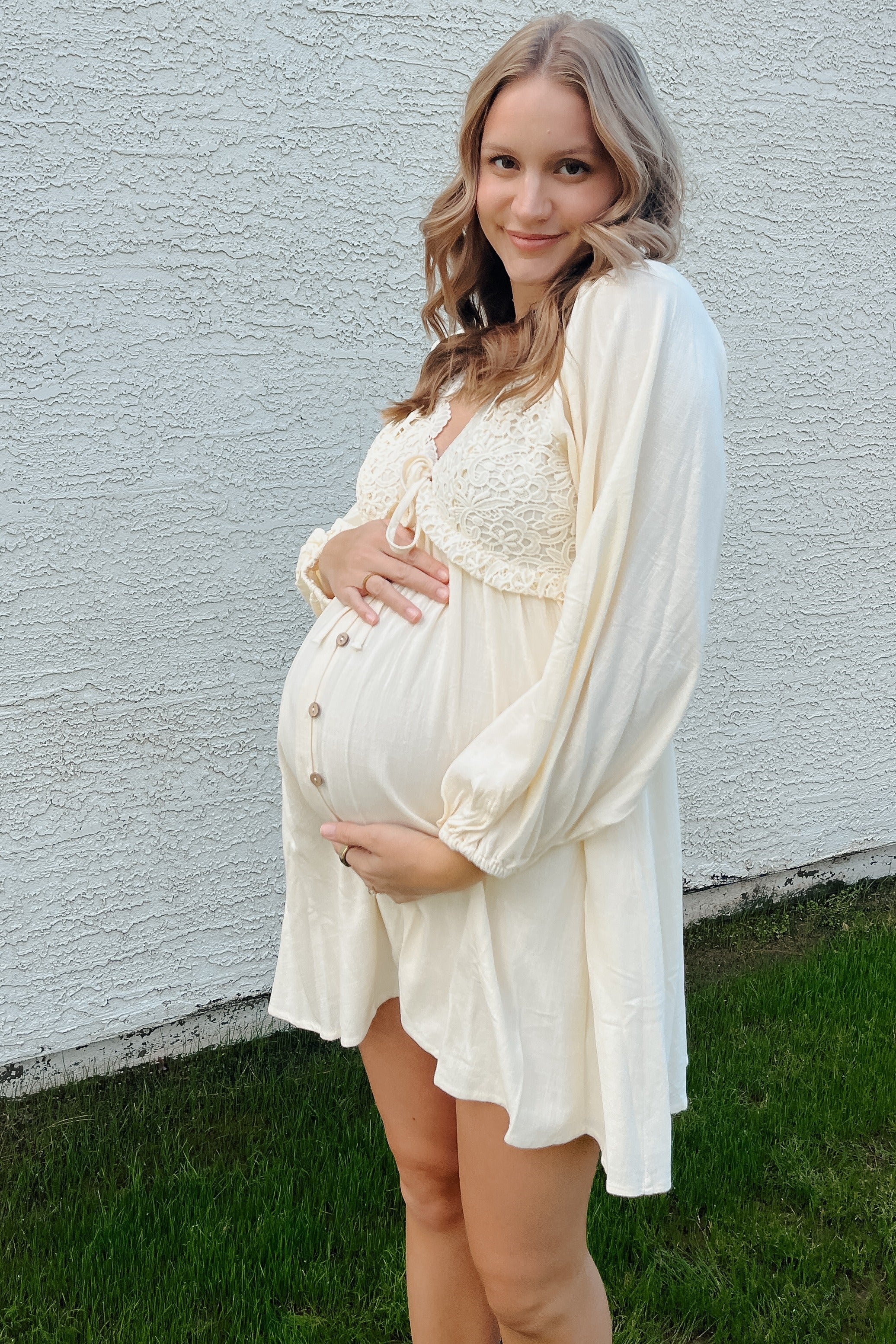 Beige Crochet Lace Button Front Maternity Dress PinkBlush