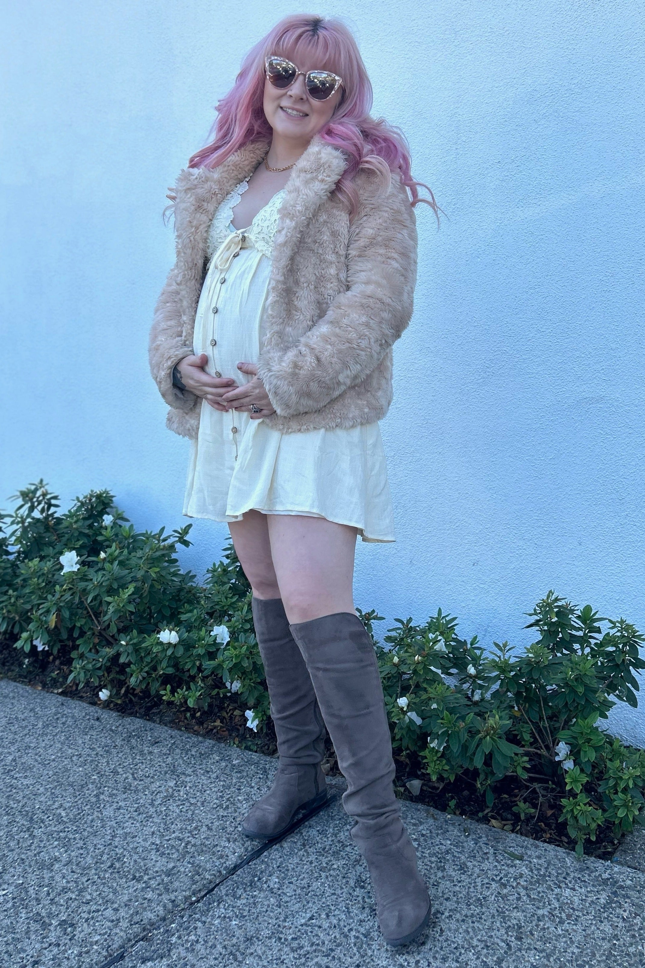 Beige Crochet Lace Button Front Maternity Dress PinkBlush