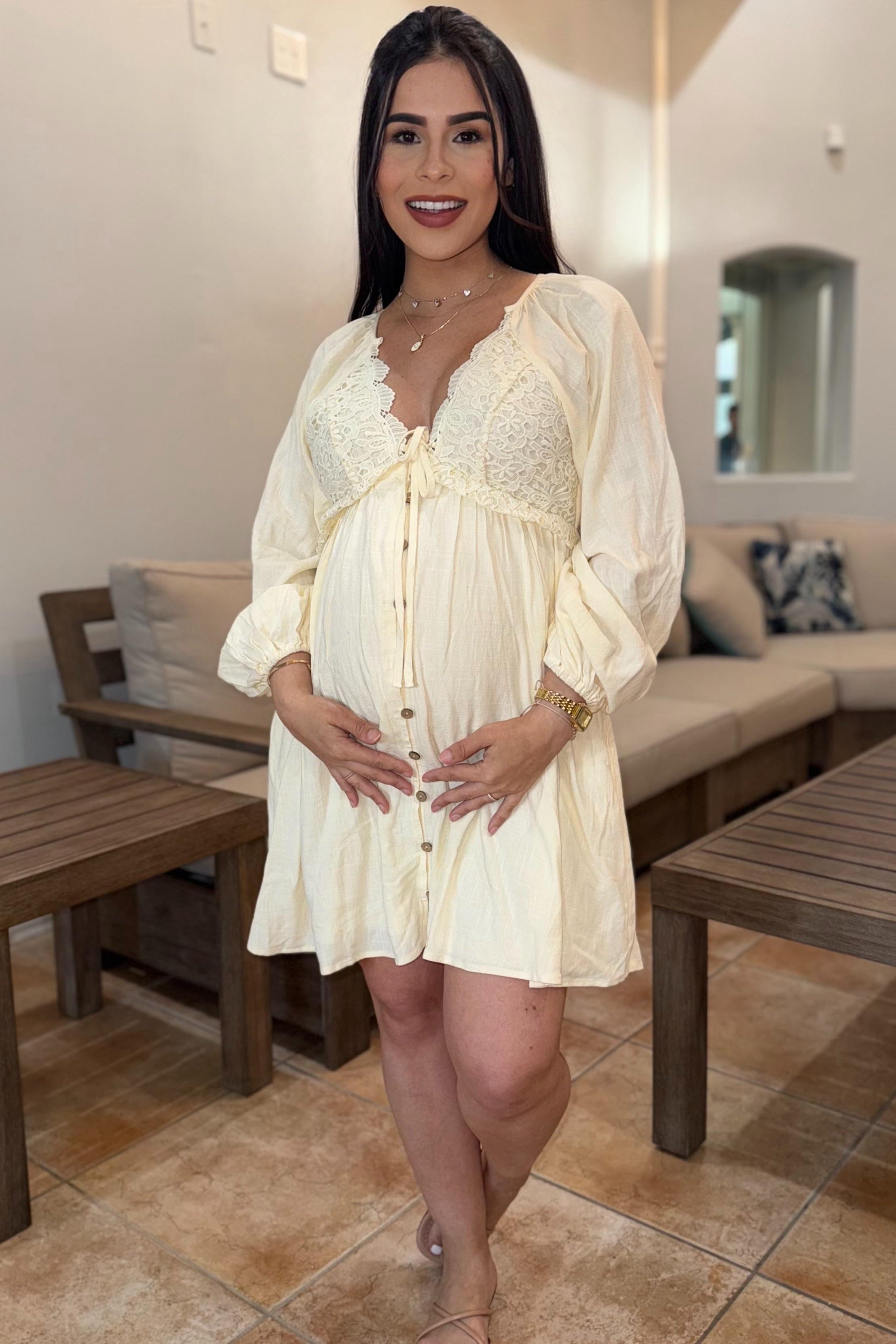 Beige Crochet Lace Button Front Maternity Dress PinkBlush