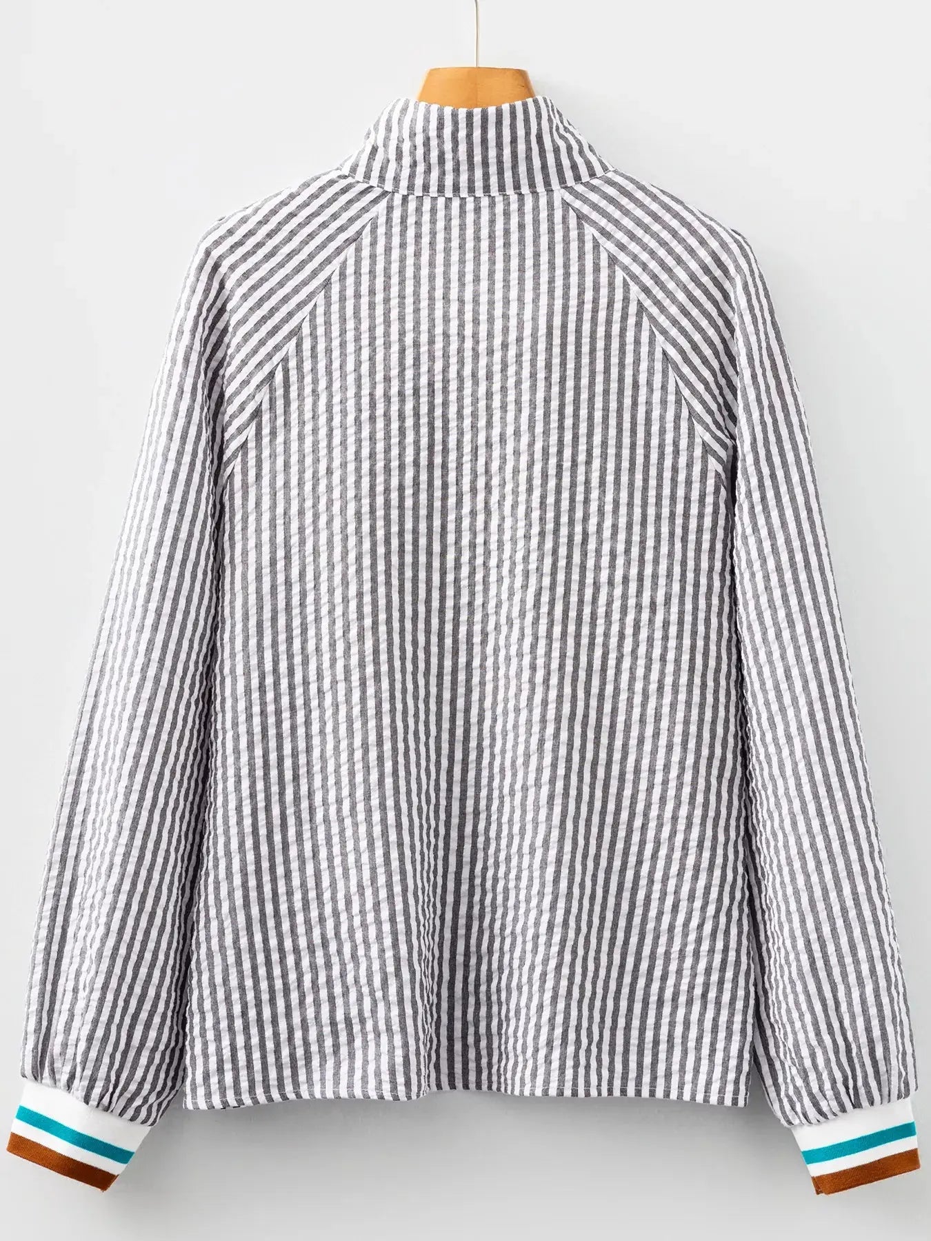 Striped Patchwork Split Neck Blouse With Contrast Trim Simply Love