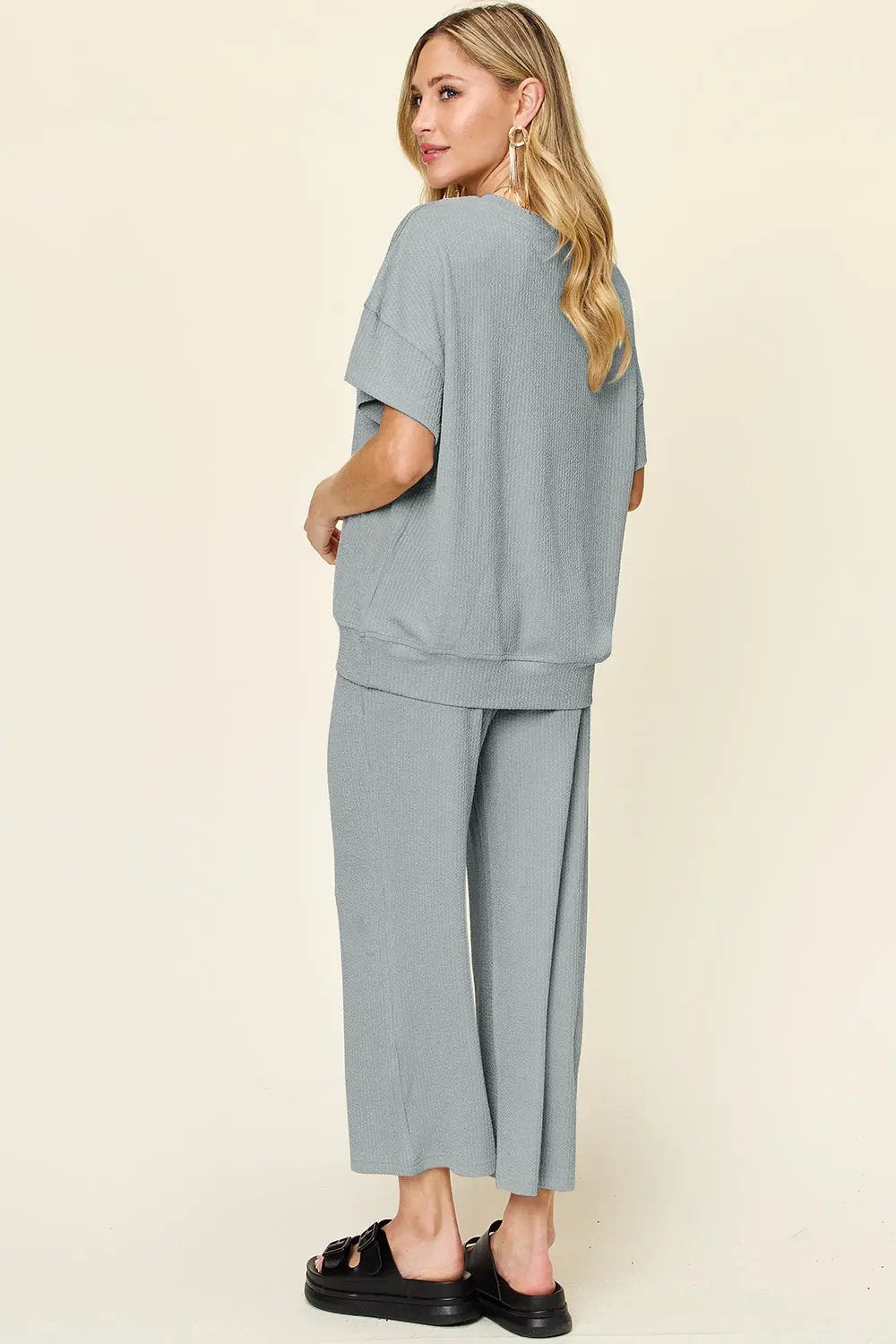 Double Take Full Size Texture Round Neck Short Sleeve T-Shirt and Wide Leg Pants - Love Salve