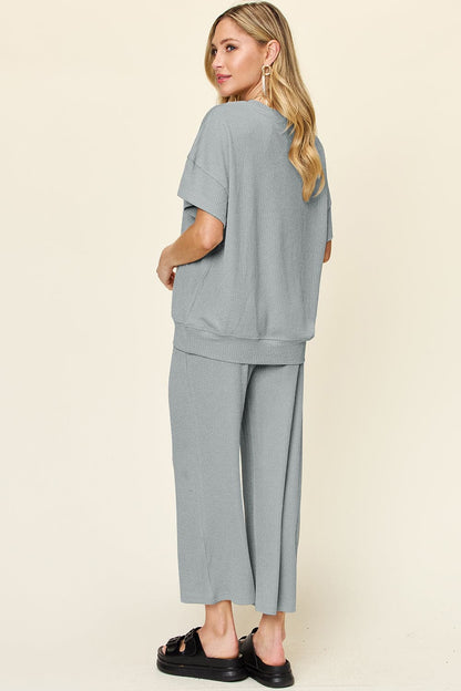 Double Take Full Size Texture Round Neck Short Sleeve T-Shirt and Wide Leg Pants.