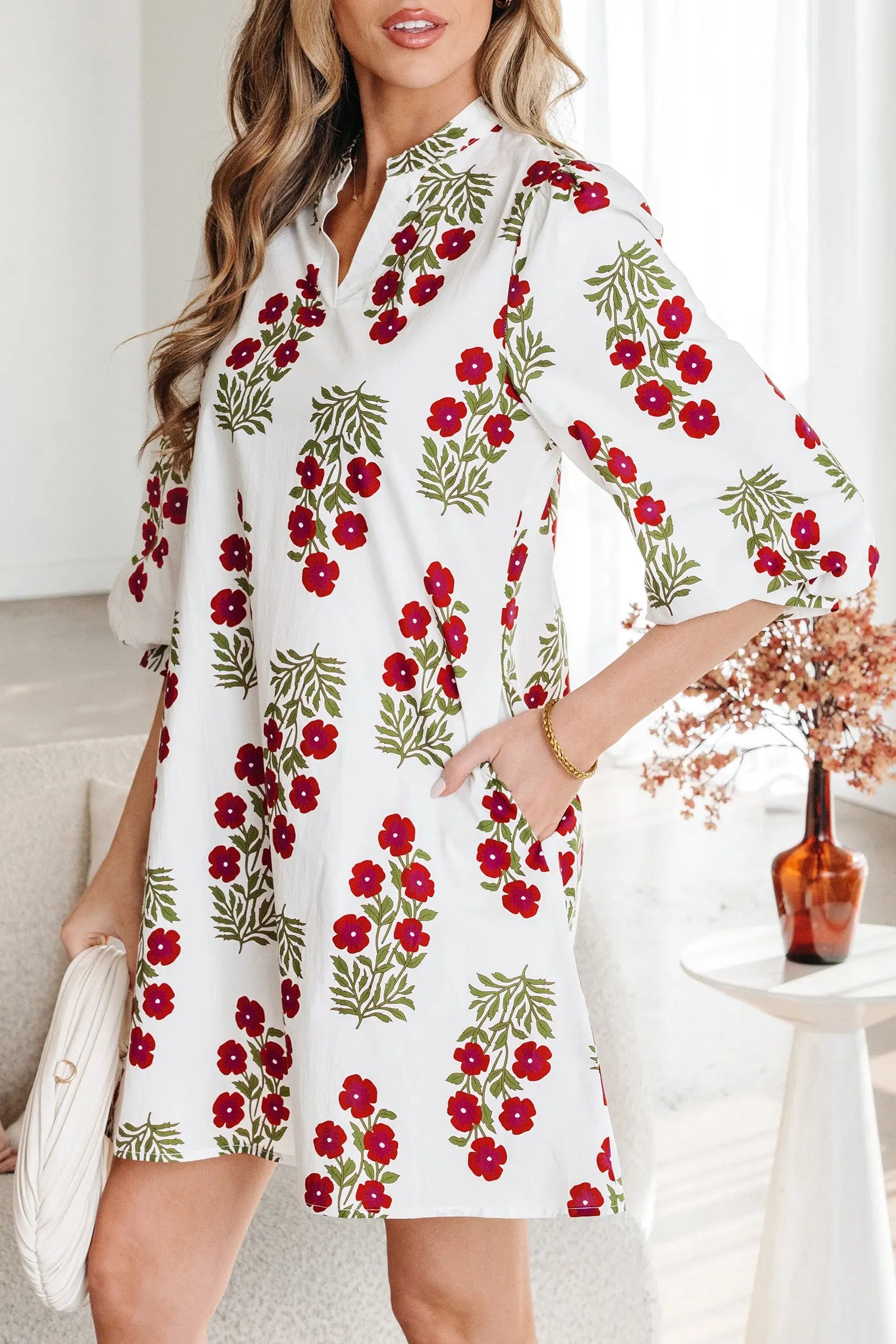 White Floral Print V Neck Three Quarter Sleeve Loose Mini Dress Dear-Lover Dropshipping