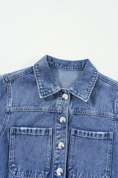 Chest Pocket Front Buttoned Folded Edge Denim Short Sleeve Romper