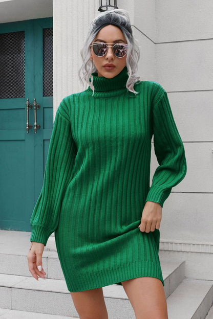 Ribbed Turtle Neck Long Sleeve Mini Sweater Dress.