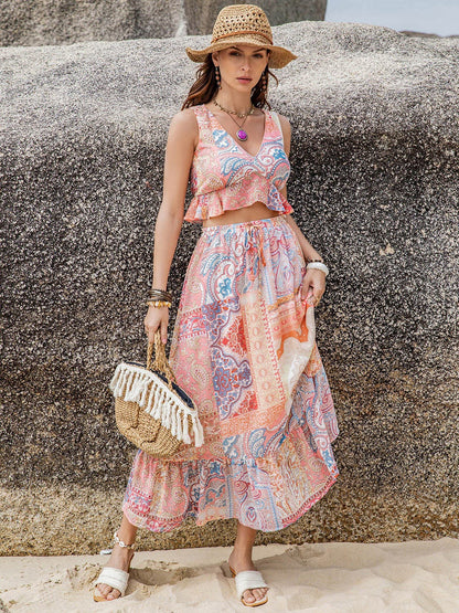 Printed V-Neck Top and Midi Skirt Set.