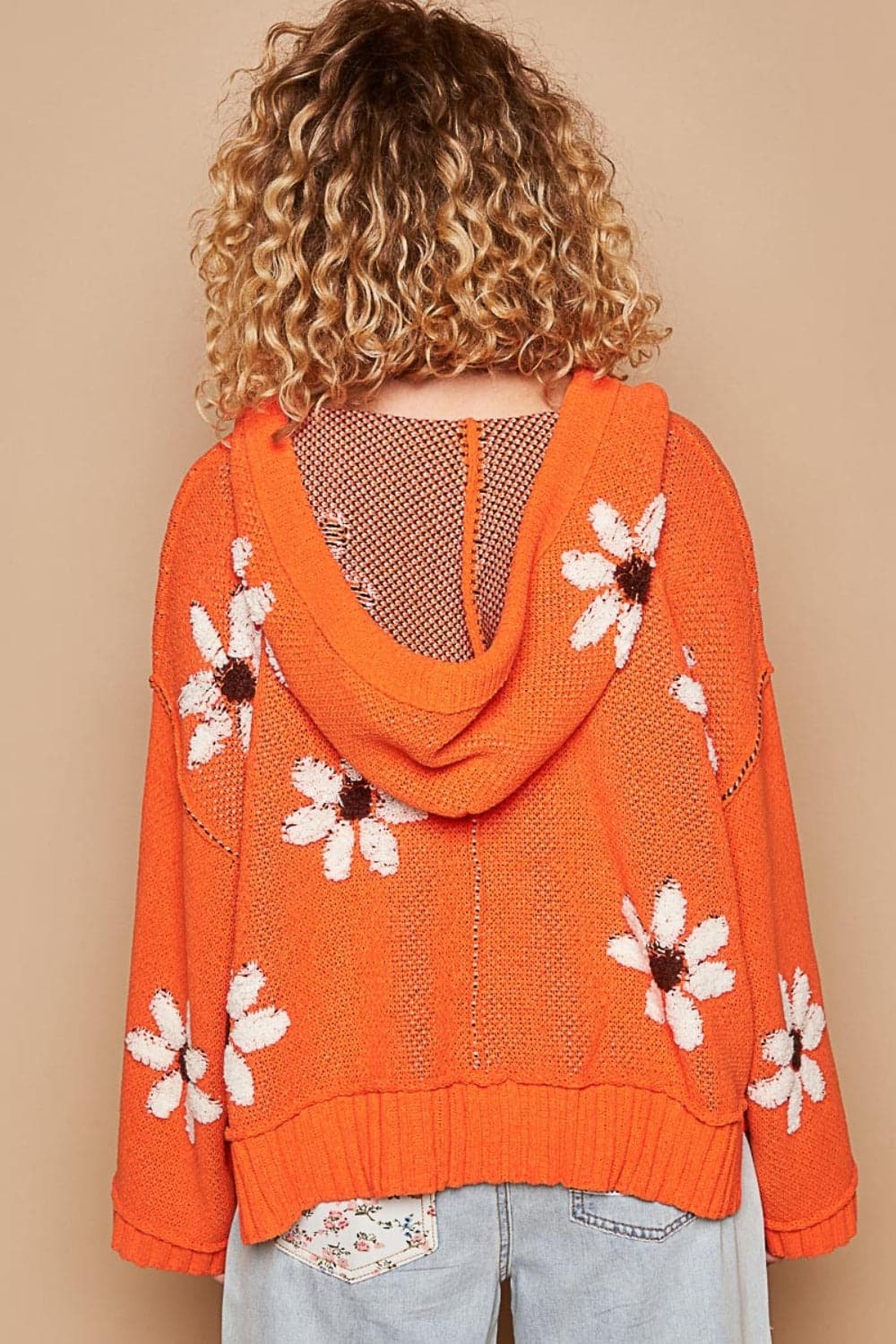 Floral-Embellished Hooded High-Low Knit Sweater