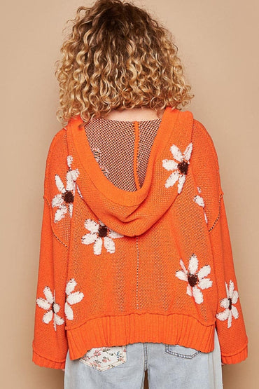 Floral-Embellished Hooded High-Low Knit Sweater