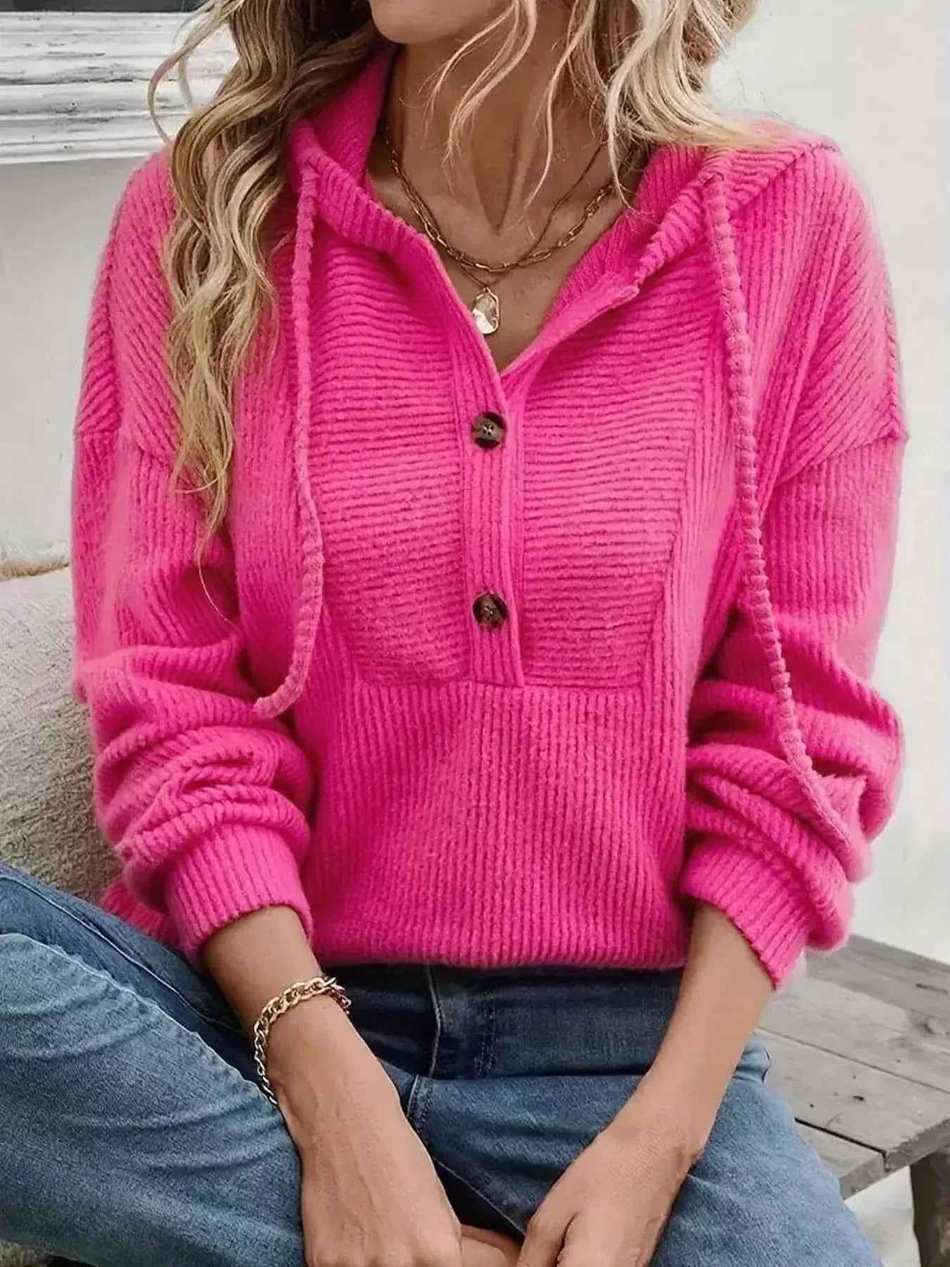 Button-Front Drawstring Hoodie Simply Love