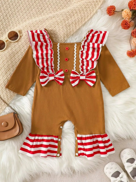 Children's Christmas Gingerbread Inspired Ruffle Trim Snapped Legs Jumpsuit Simply Love