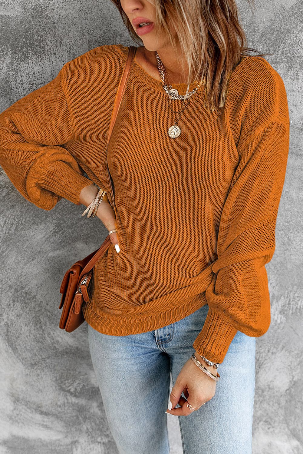 Double Take Tied Balloon Sleeve Round Neck Sweater.