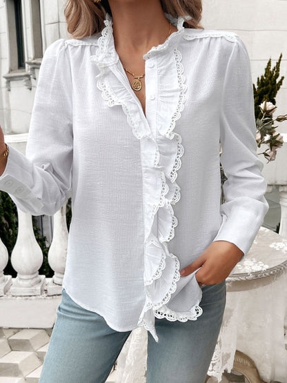 Lace Detail Ruffled Round Neck Long Sleeve Shirt.