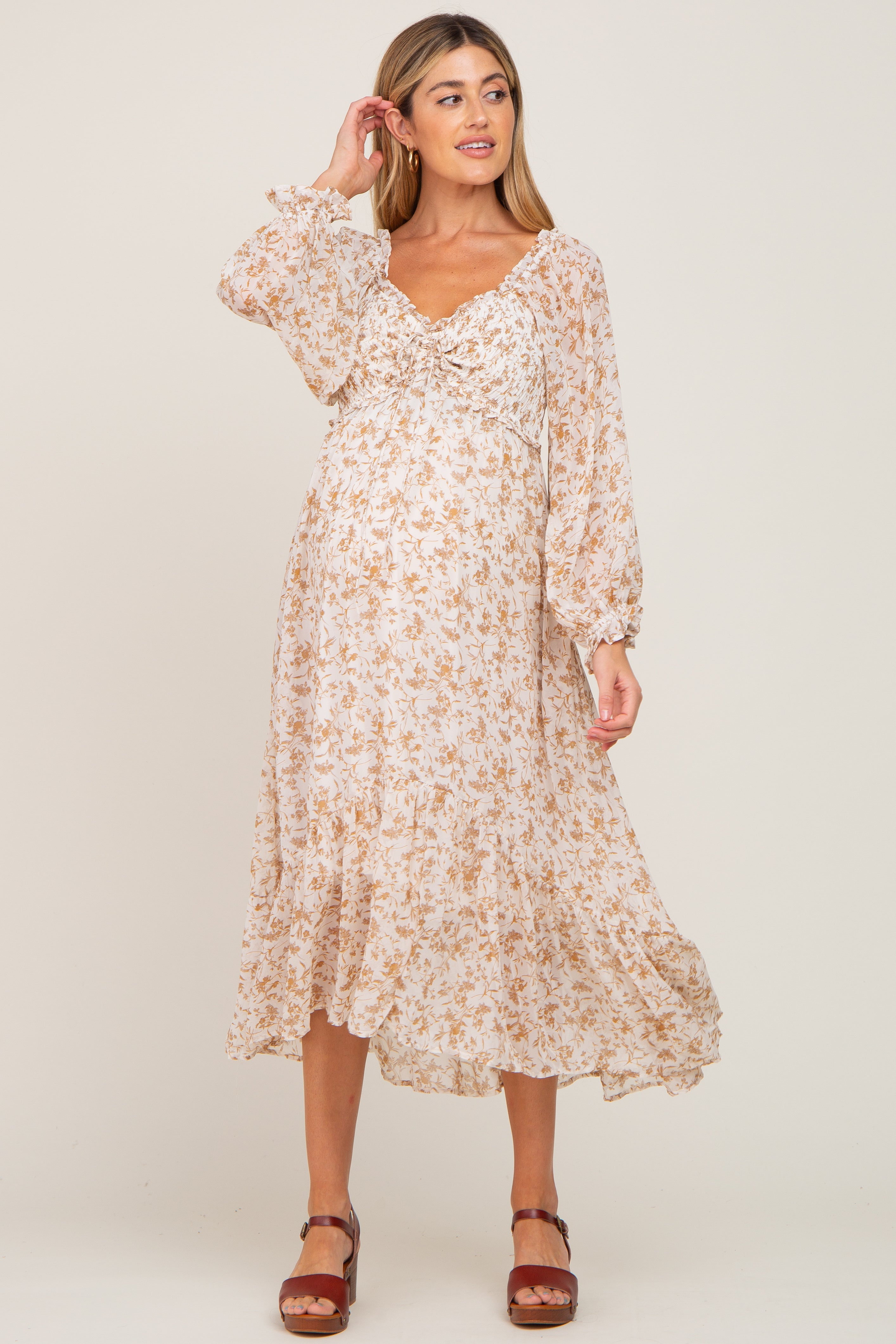 Ivory Floral Chiffon Ruffle Maternity Maxi Dress PinkBlush