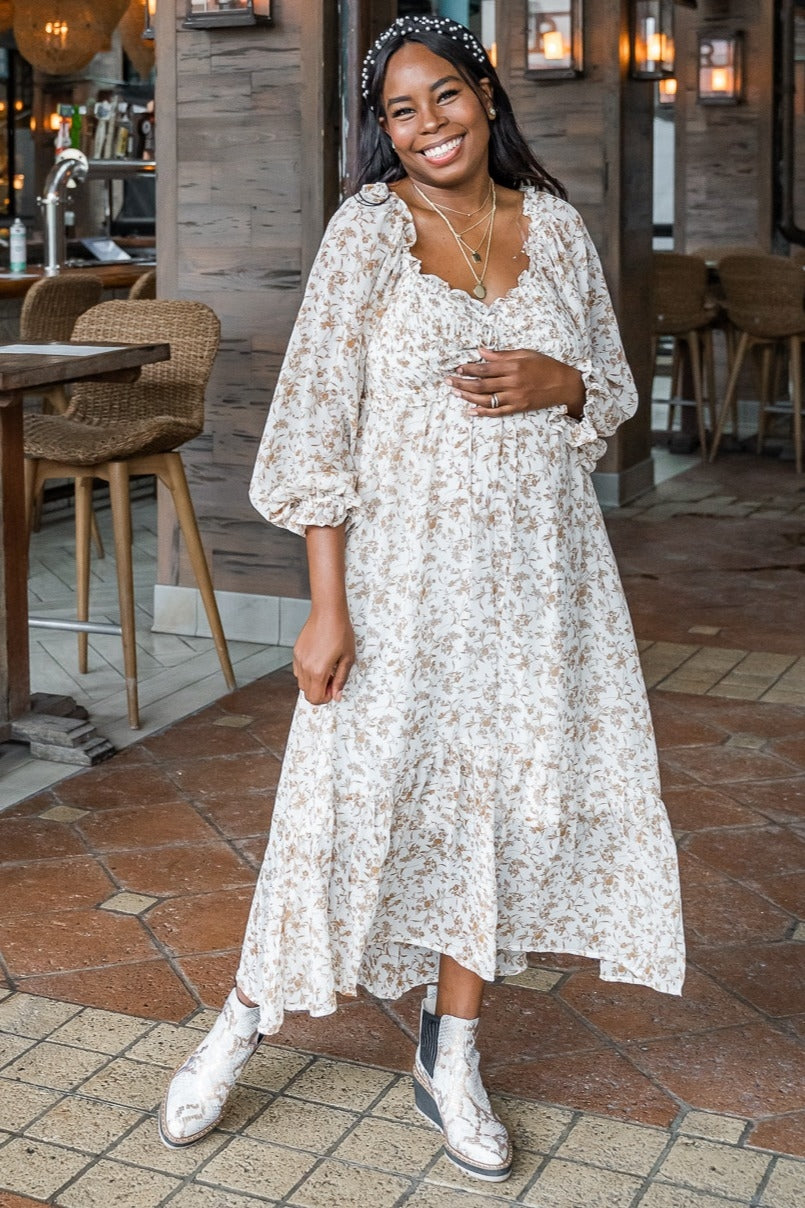 Ivory Floral Chiffon Ruffle Maternity Maxi Dress PinkBlush