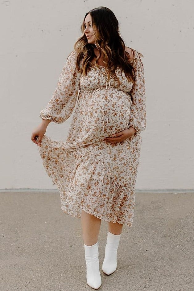 Ivory Floral Chiffon Ruffle Maternity Maxi Dress PinkBlush