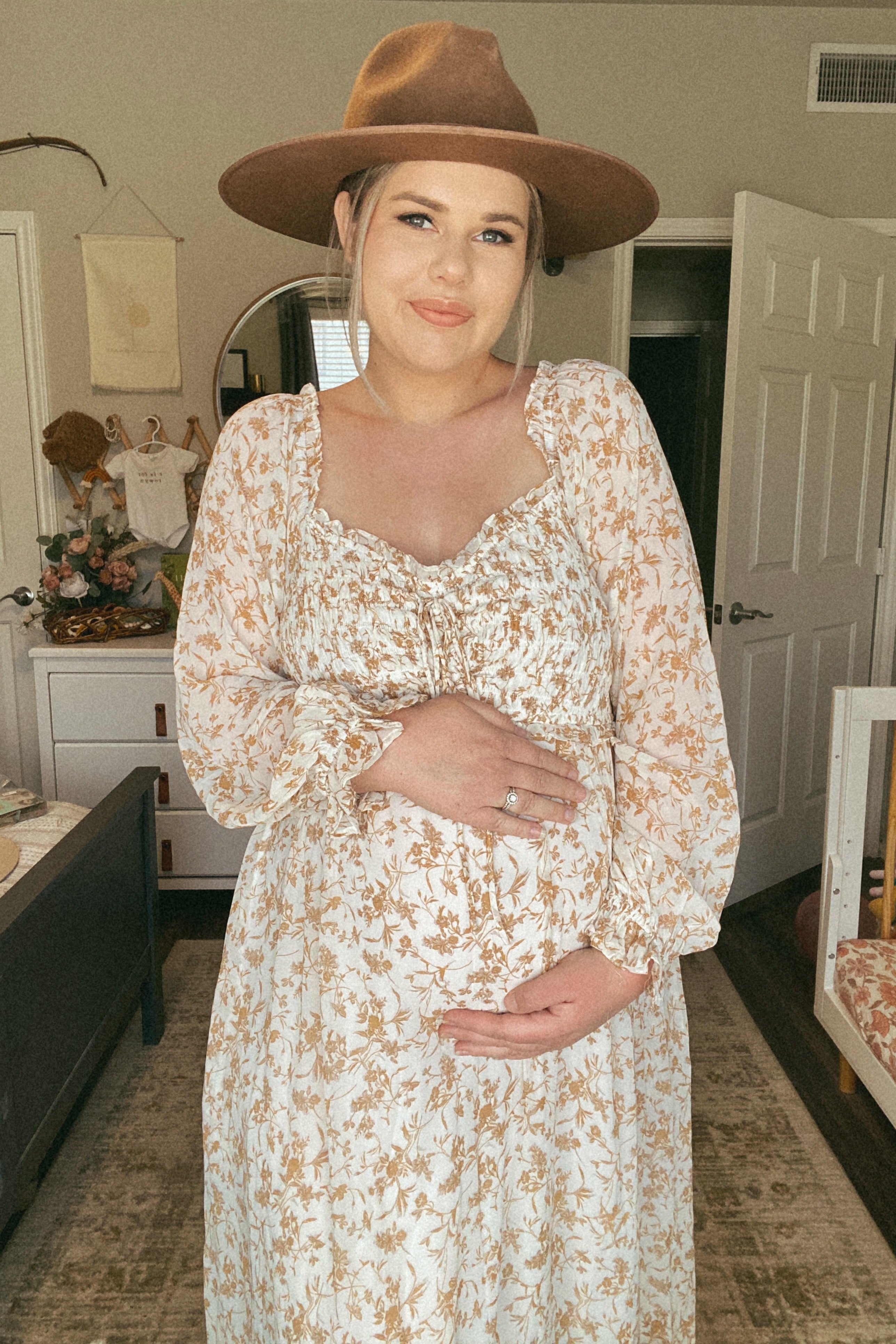 Ivory Floral Chiffon Ruffle Maternity Maxi Dress PinkBlush