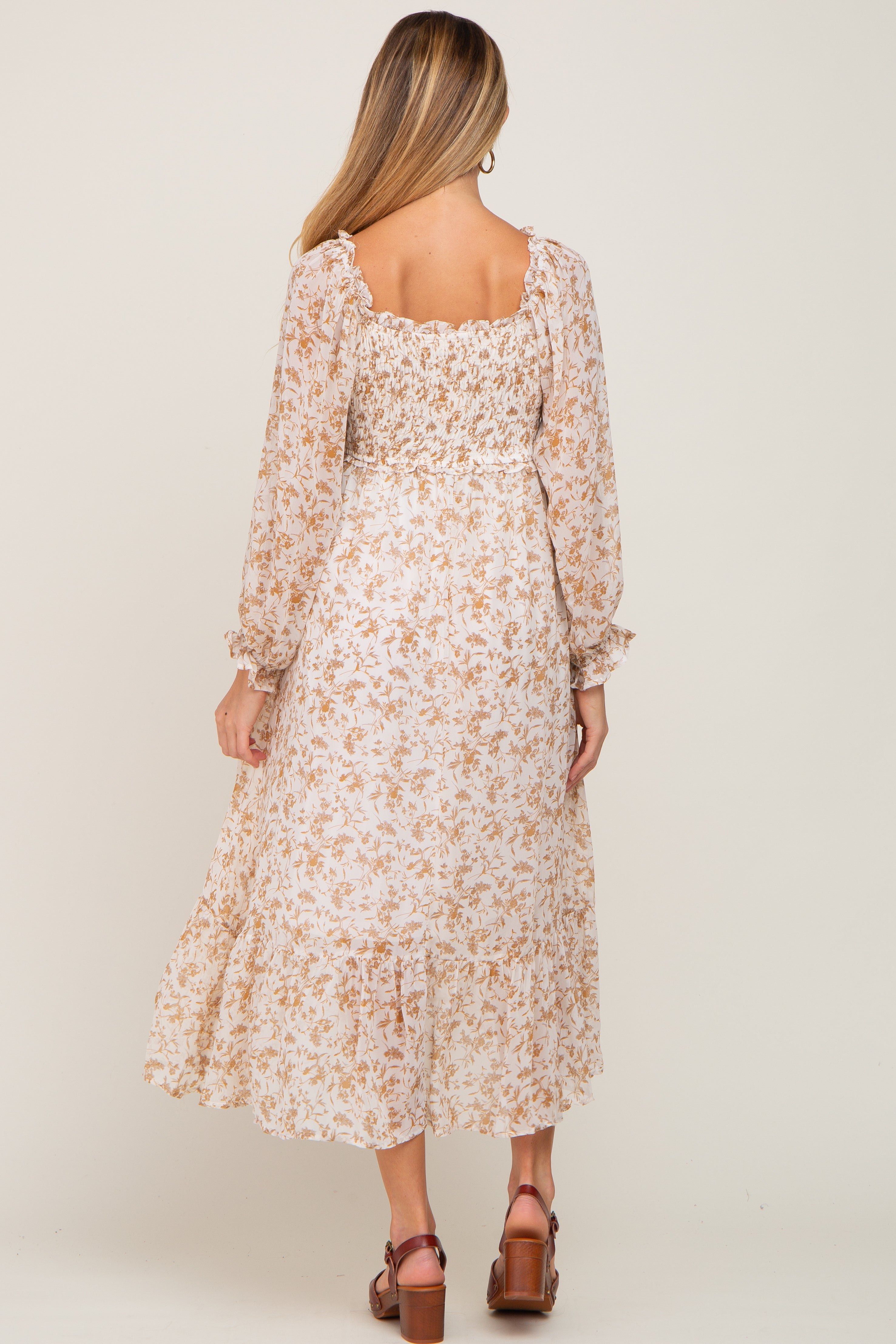 Ivory Floral Chiffon Ruffle Maternity Maxi Dress PinkBlush