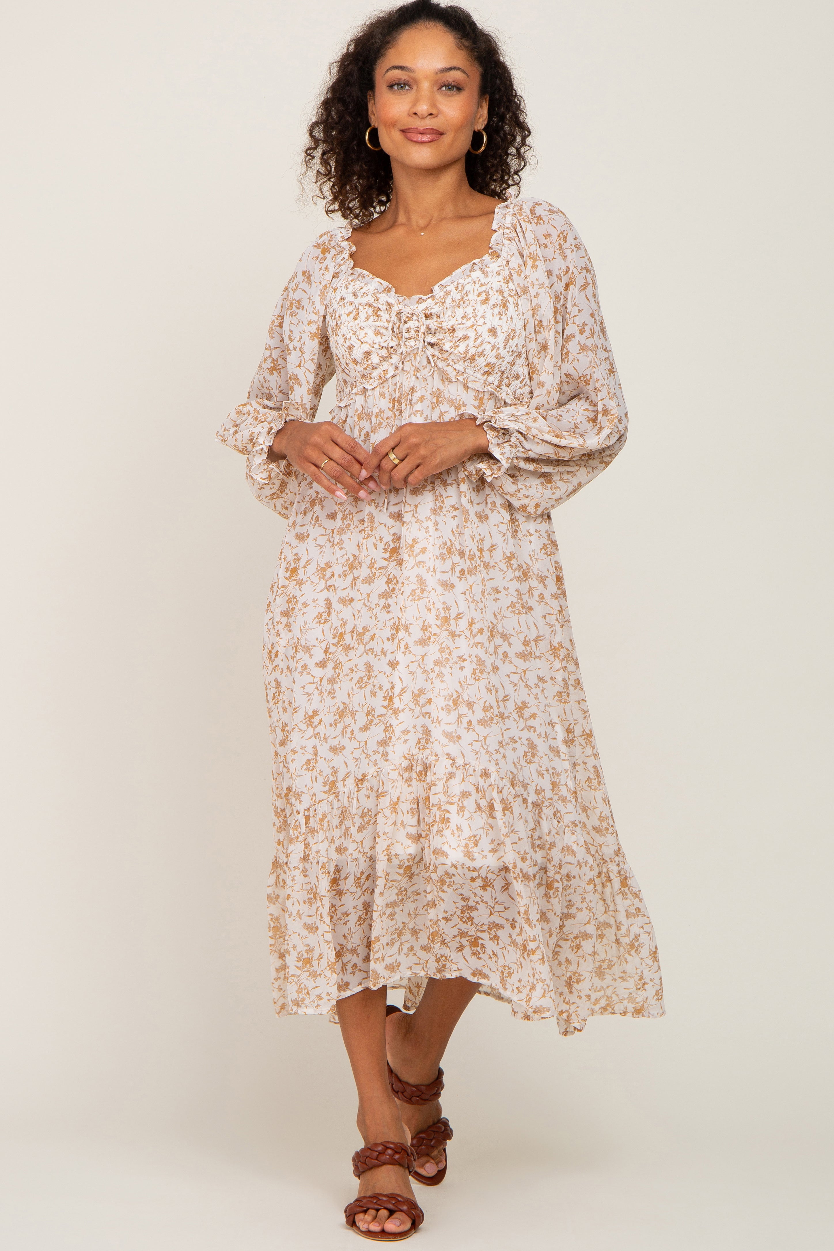 Ivory Floral Chiffon Ruffle Maternity Maxi Dress PinkBlush