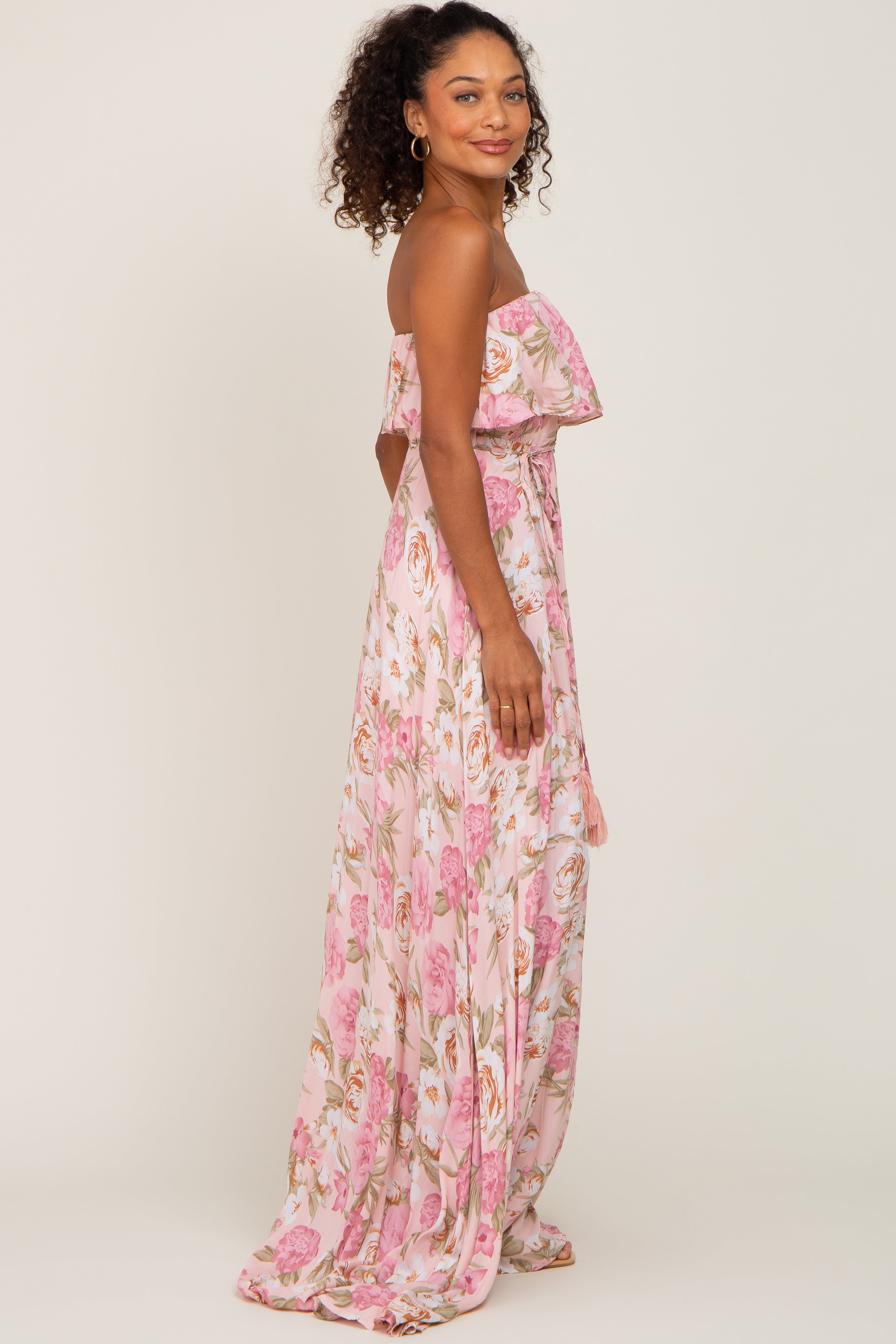 Light Pink Floral Strapless Ruffle Front Maxi Dress PinkBlush