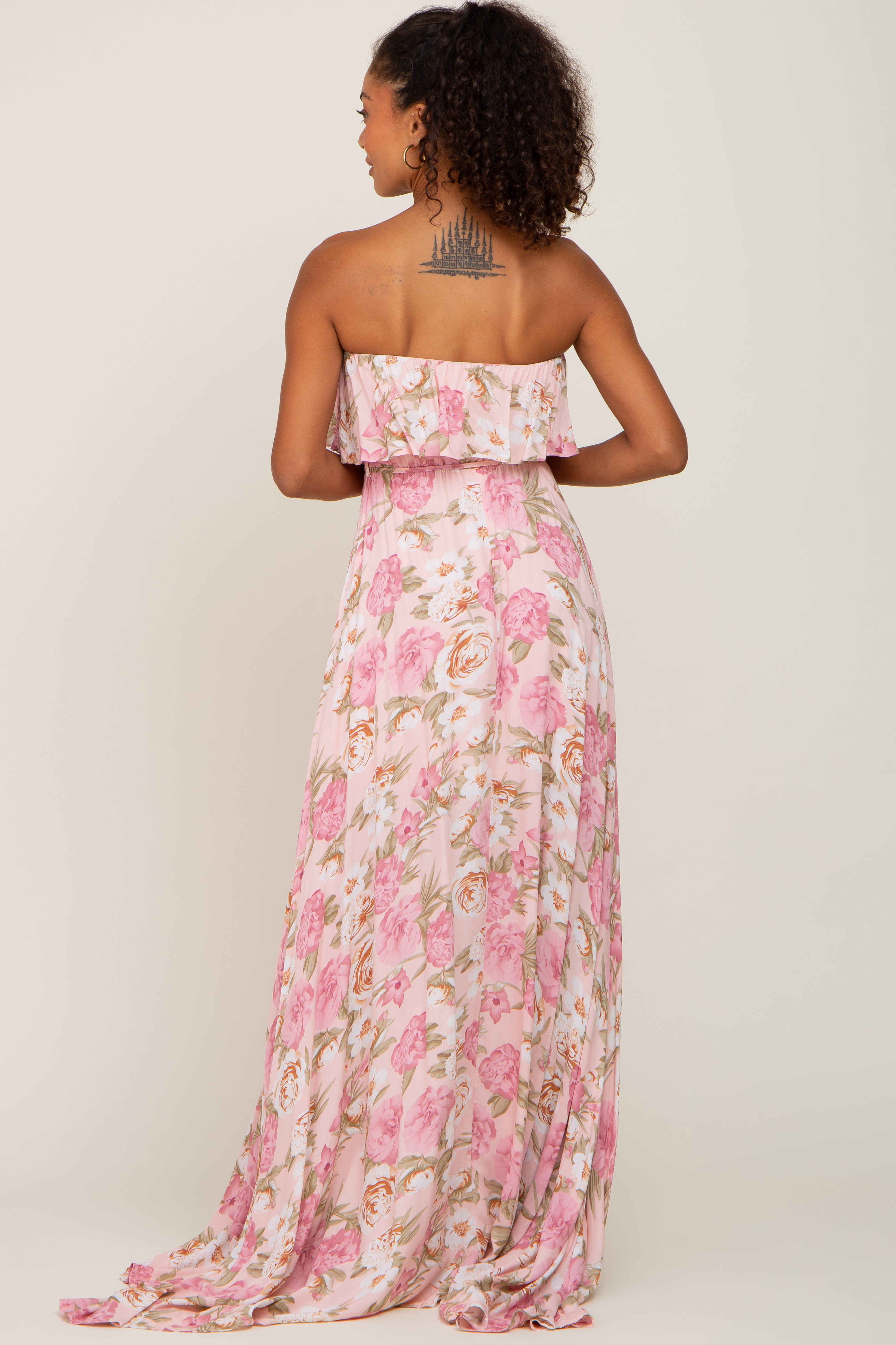 Light Pink Floral Strapless Ruffle Front Maxi Dress PinkBlush