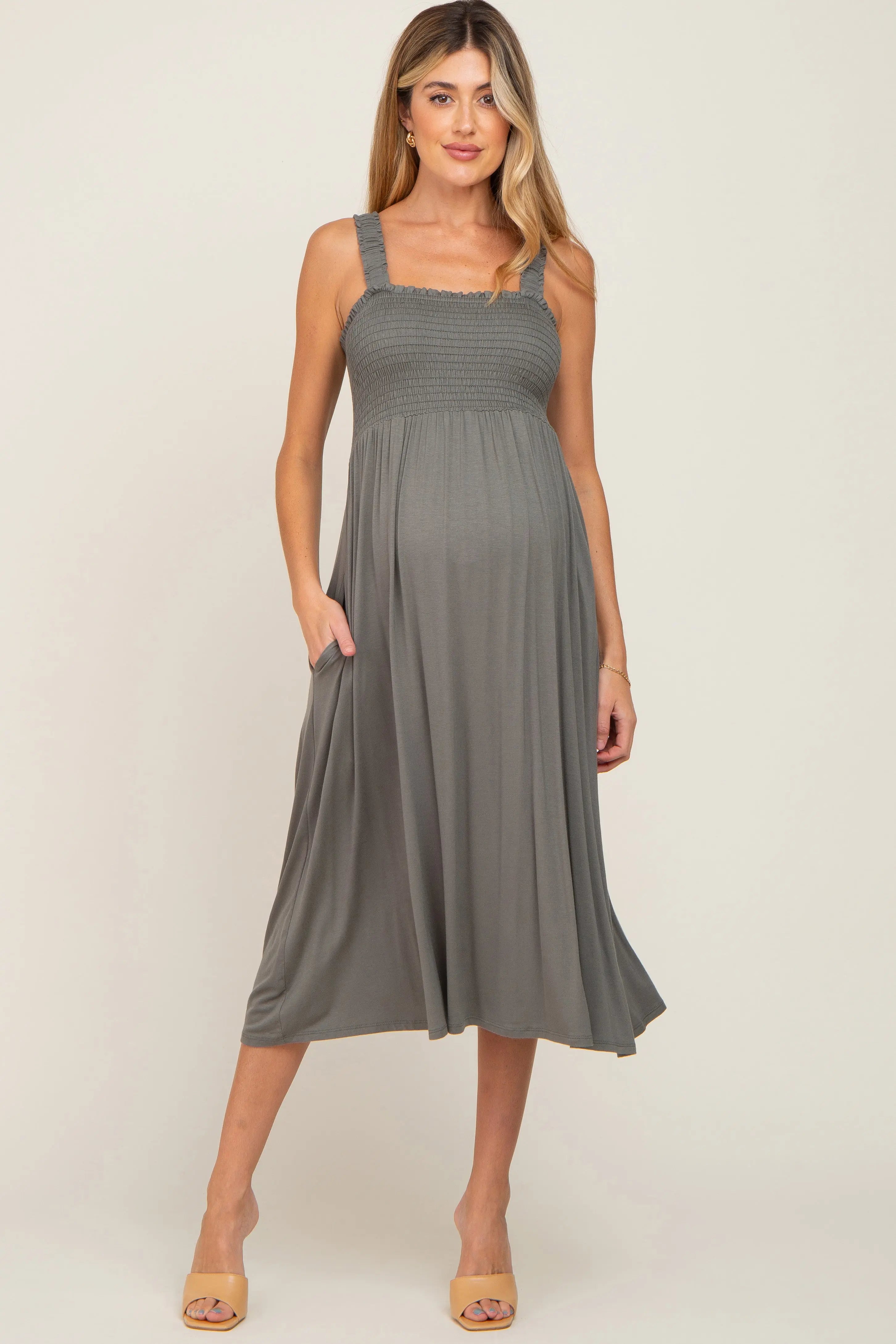 Olive Smocked Ruffle Strap Maternity Midi Dress PinkBlush