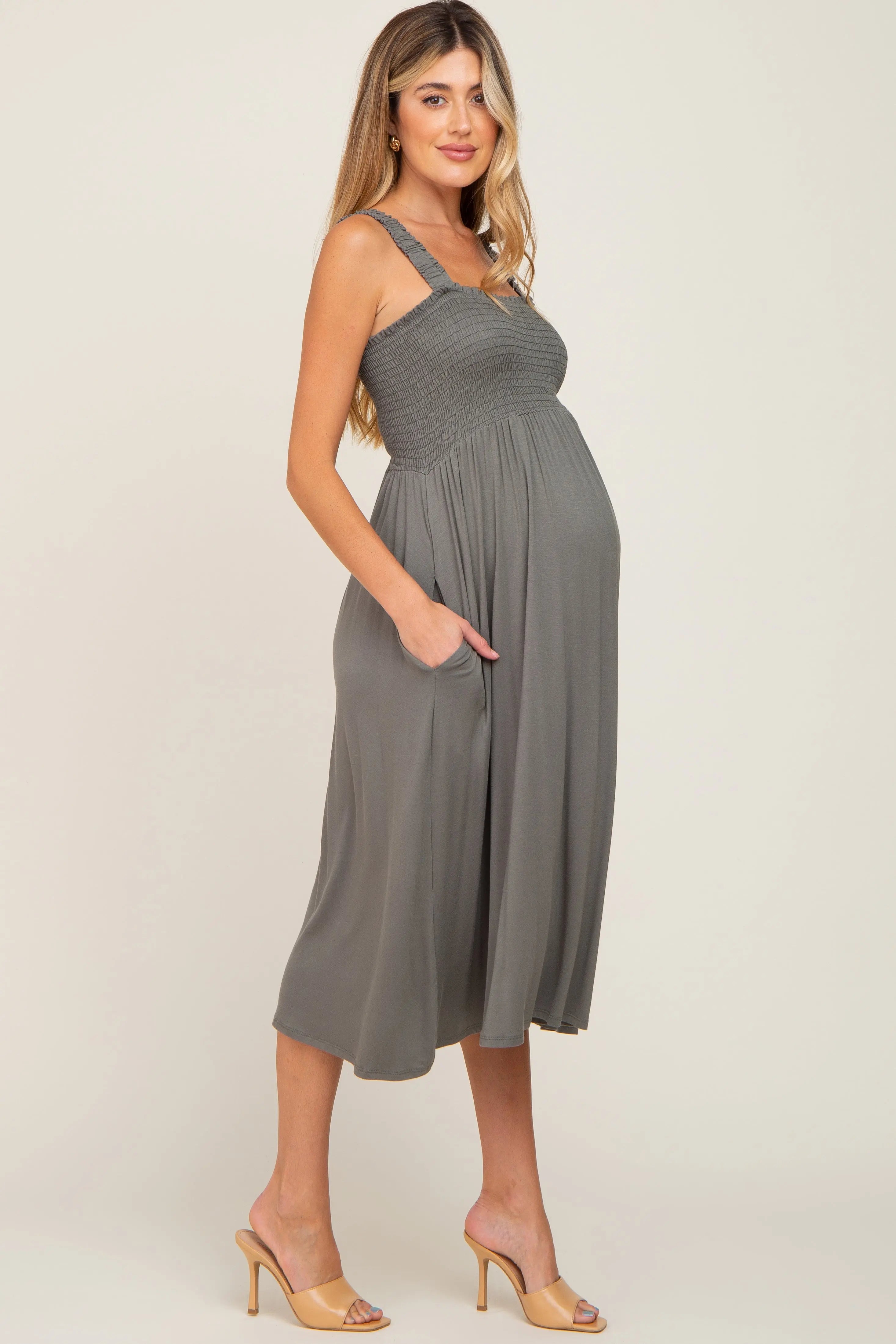 Olive Smocked Ruffle Strap Maternity Midi Dress PinkBlush