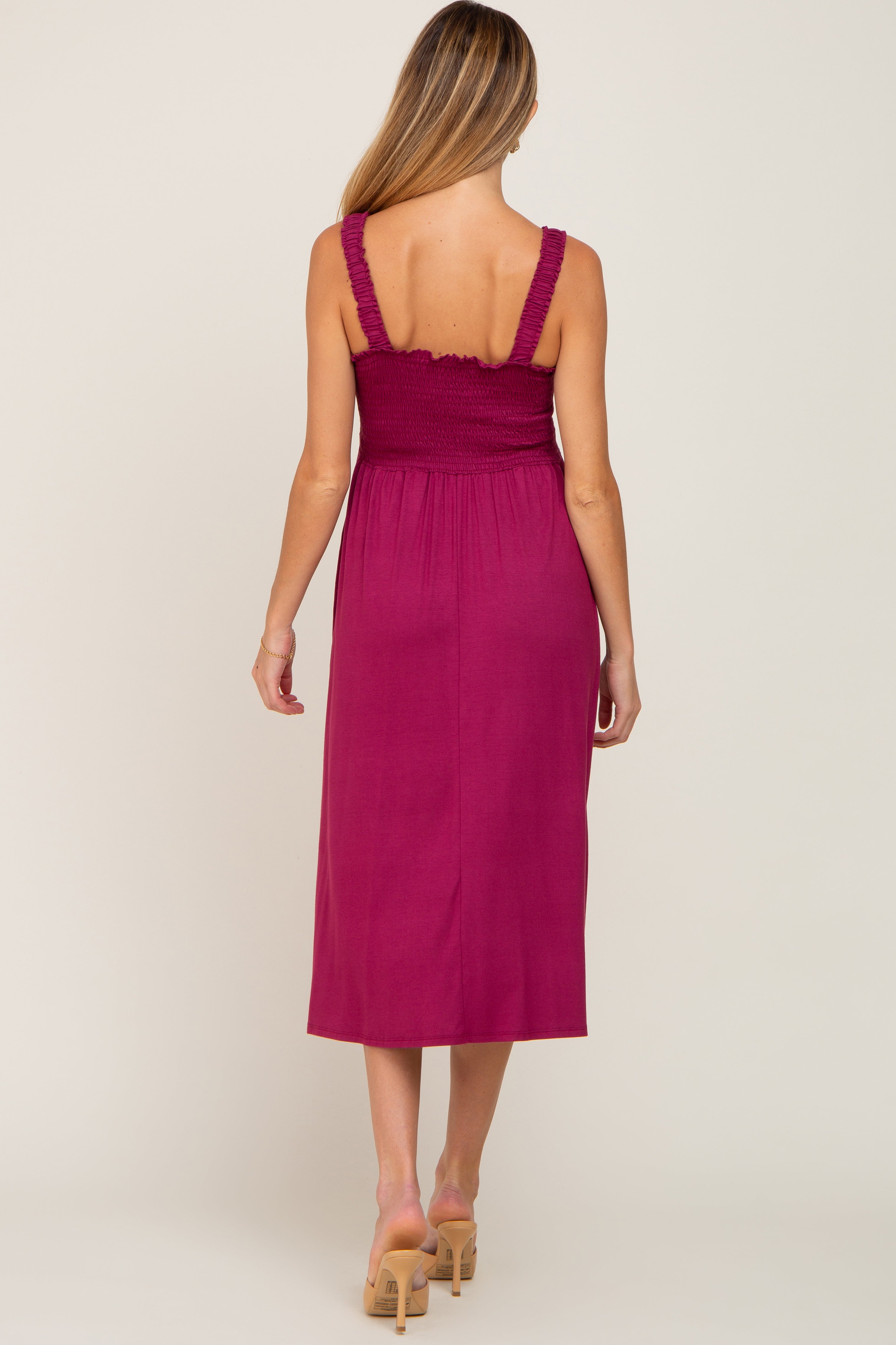 Magenta Smocked Ruffle Strap Maternity Midi Dress PinkBlush
