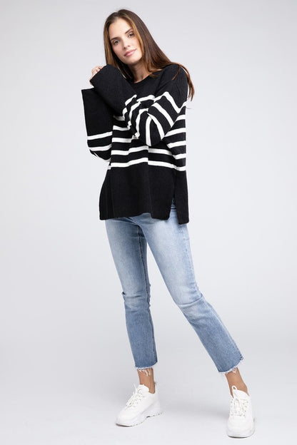 Ribbed hem striped sweater - cozy chic