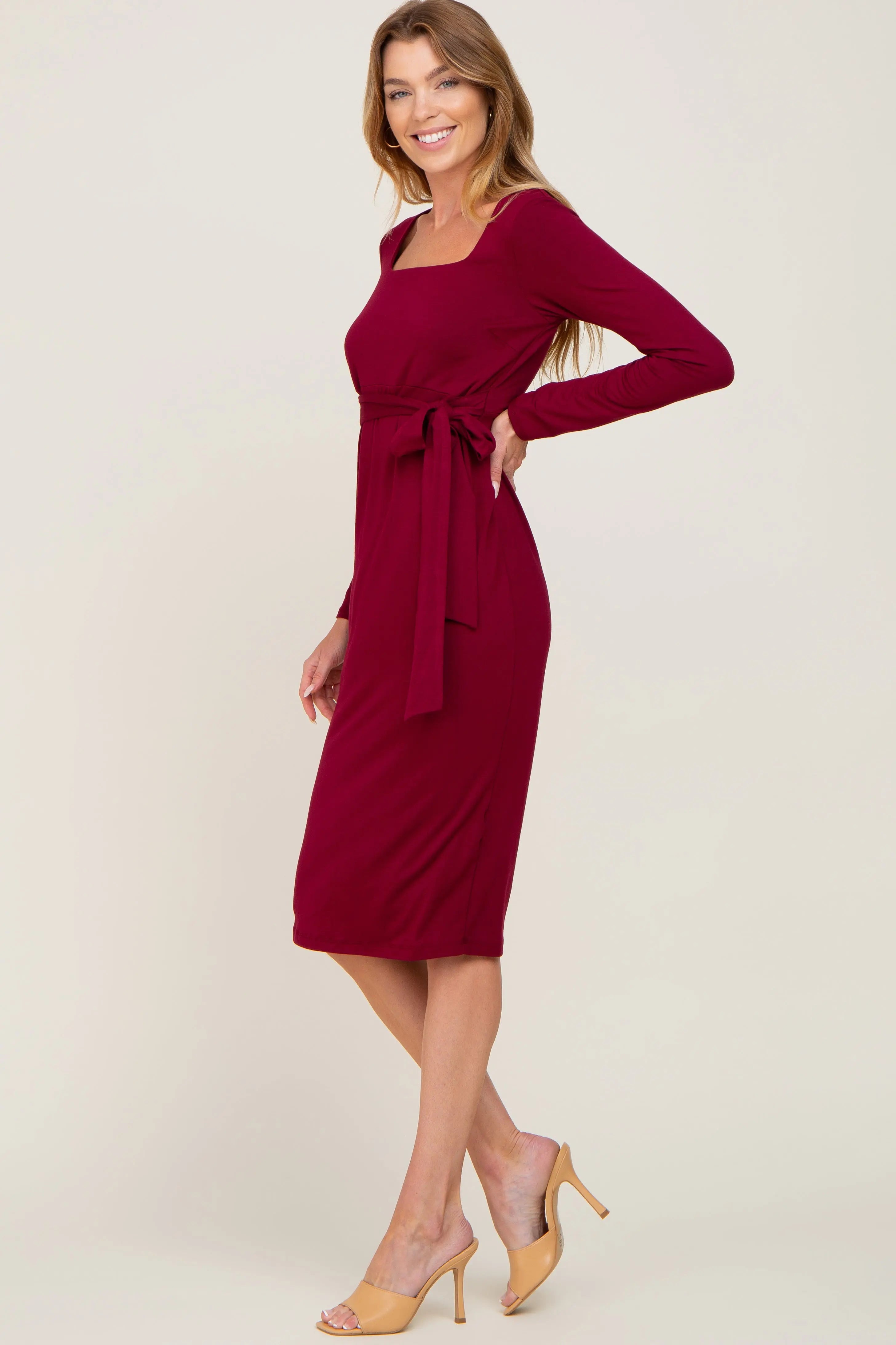 Burgundy Basic Square Neck Midi Dress PinkBlush